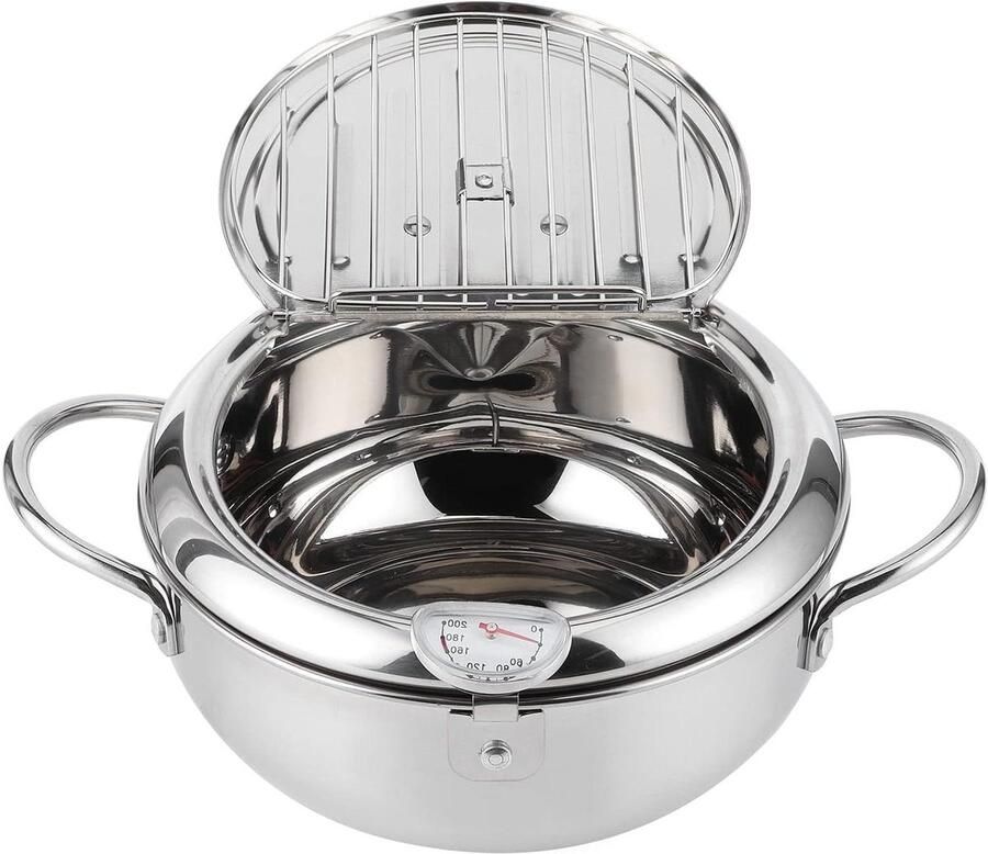 Kleine Frituurpan Friteuse met Thermometer Thuis Frituren Roestvrij Staal 3.2L Zilver