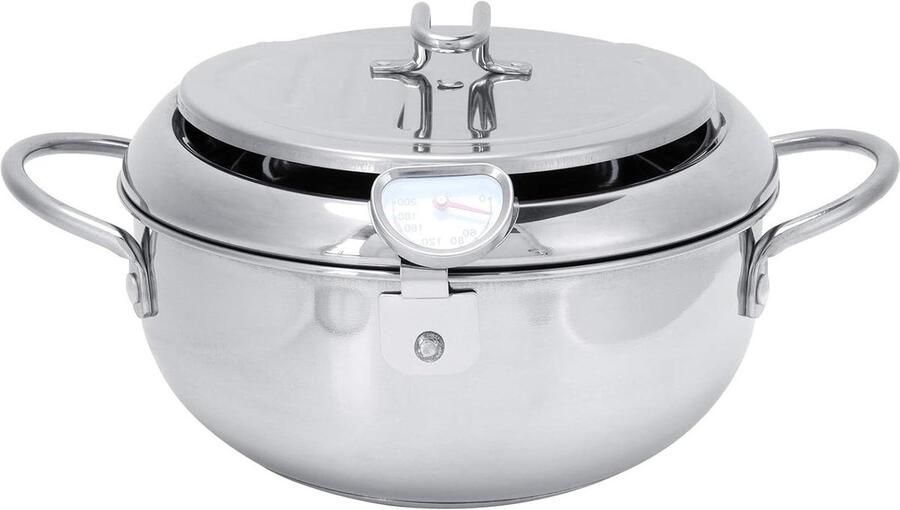 Kleine Frituurpan Frituurkom Stainless Steel Gezond Frituren Met Olie Thermometer 25x22x10 cm Zilver