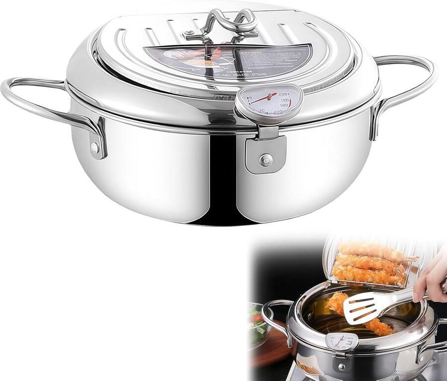 Kleine Frituurpan met Thermometer en Zeef 2.2L Roestvrijstalen Friteuse voor Inductie