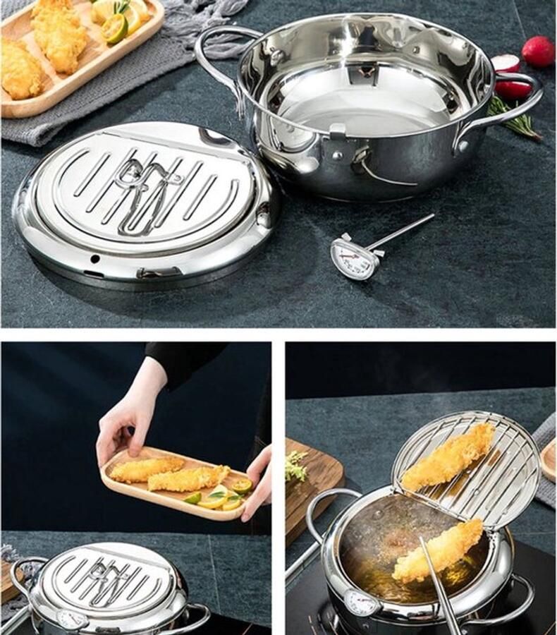 Kleine Frituurpan Mini Friteuse Mini Frituurpan 2 Liter -Roestvrij Staal Japanse frituurpan met Thermometer en Deksel Keuken Tempura Frituurpan Kookpot