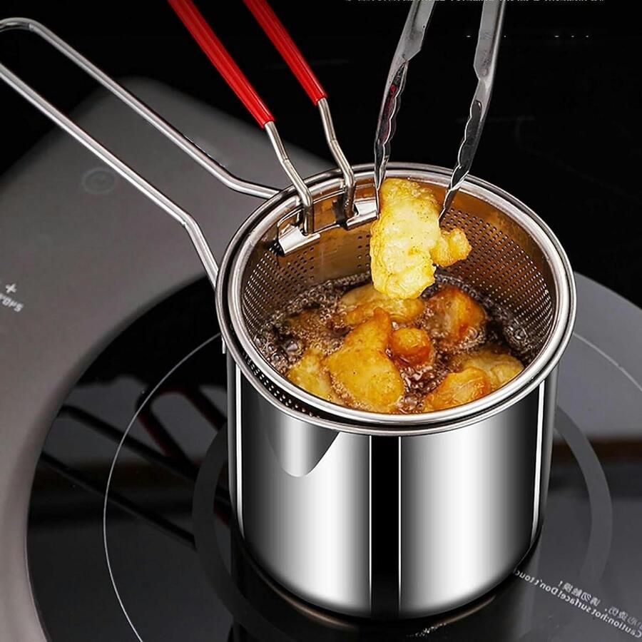 Kleine Frituurpan Mini Frituurpan Thuis Frituren Met Mandje en Klem Voor 1 Persoon Zilver