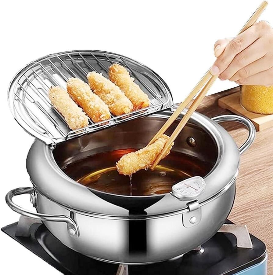 Kleine Frituurpan Tempura Koekenpan Thuis Frituren Met Thermometer 24cm Zilver