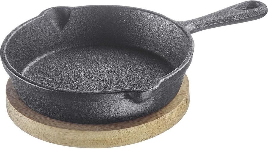 Kleine Gietijzeren Pan 125ml voor Tapas Inductie en Oven Inclusief Bamboe Onderzetter