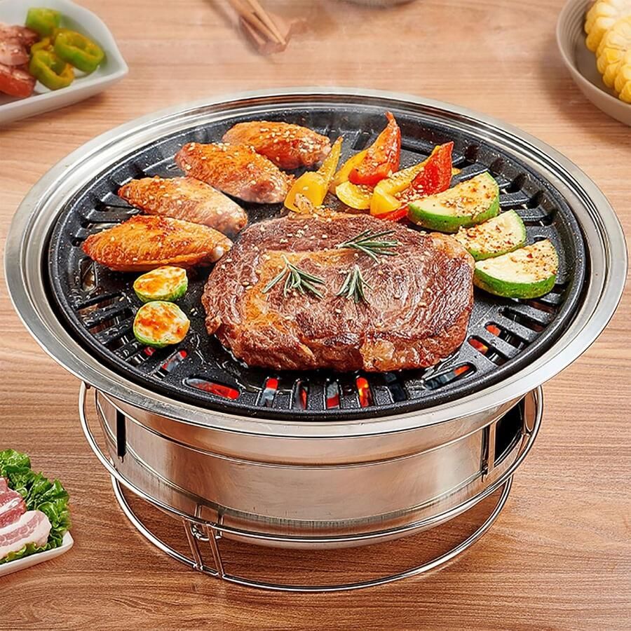 Kleine Houtskool Grill Draagbare Barbecue Buiten Koken Antiaanbaklaag Pan 35 cm Diameter Zwart