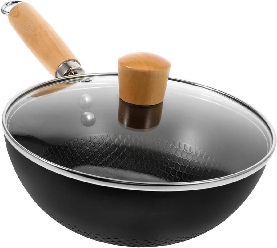 Kleine Ijzeren Antiaanbak Wok met Glazen Deksel Duurzaam Multifunctioneel Geschikt voor Inductie Gasfornuizen voor Eenpersoonshuishoudens Kookmethoden