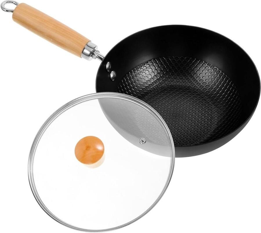Kleine Ijzeren Wok Koekenpan met Deksel Thuis Koken Antiaanbaklaag 34X20X8.5CM Zwart