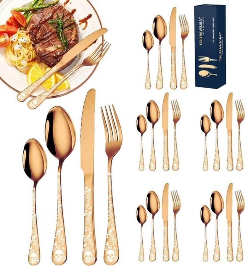 Kleurrijk Bestek Buiten Eetgerei Stijlvol Dineren Doodskop Gravure 6 Persoons Roze Goud