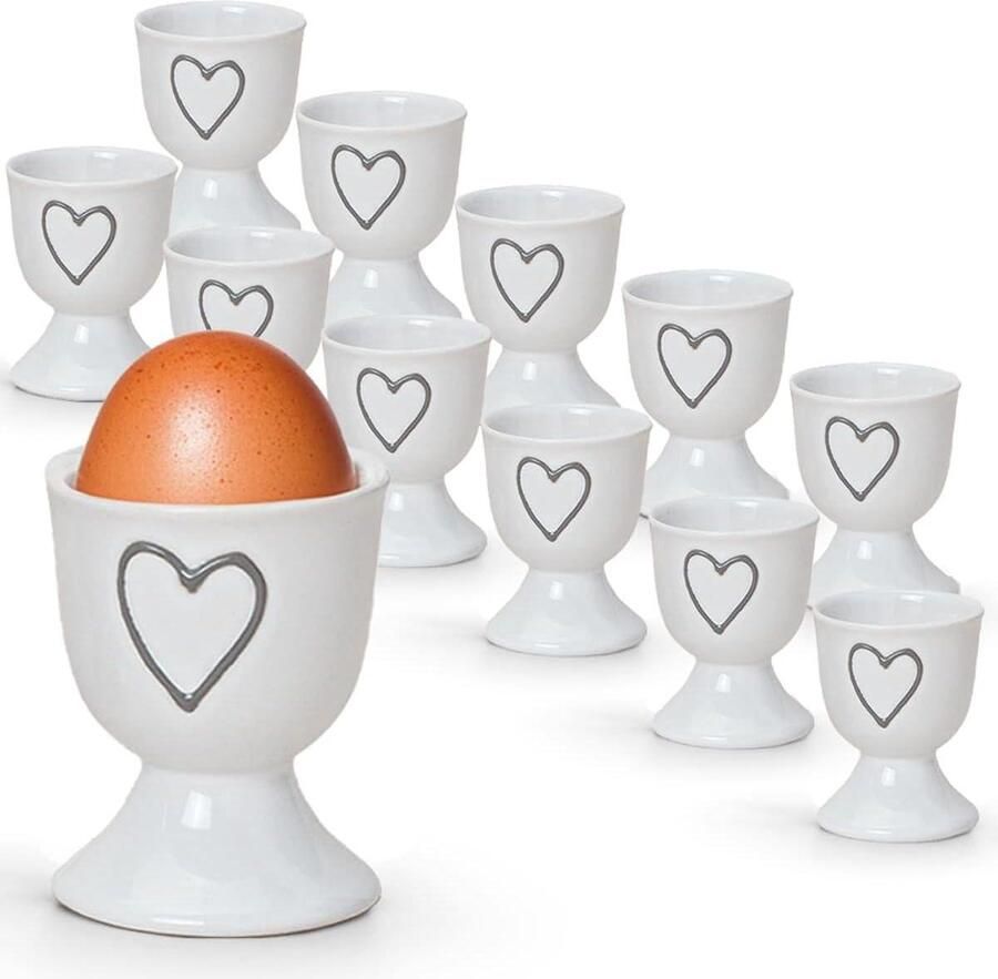 Kleurrijke landelijke stijl eierdopjes set van 12 wit ronde keramische ontbijt-eieren harten onderzetters