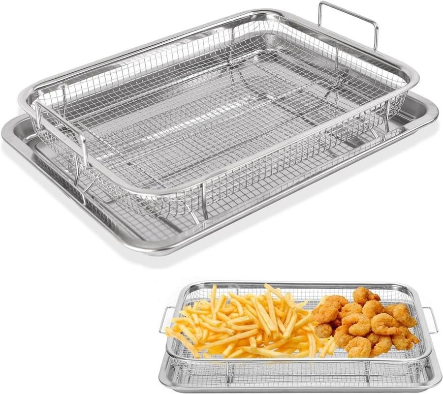 Knapperbak en mand non-stick knapperige ovenschaal grillmand oven heteluchtfriteuse pan mesh mand set voor bakken grillen friet spek kip uienringen (32 5 x 24 5 x 8 cm)