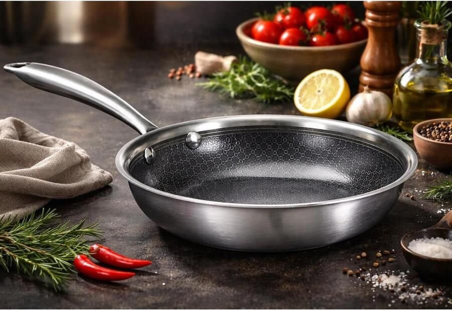 Koekenpan 24 cm roestvrij staal inductie keramische antiaanbaklaag PFAS- PFOA- en PTFE-vrij krasbestendige inductiepan voor alle warmtebronnen
