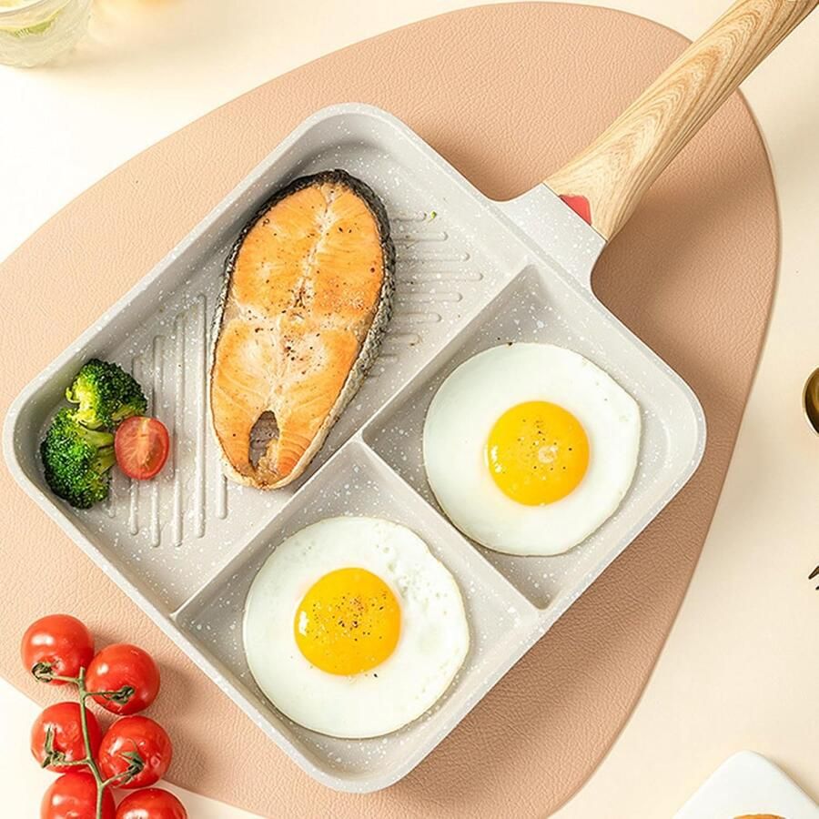 Koekenpan 3 secties Ontbijtpan Grillpan Eieren bakken Antikleef coating 24 Centimeter Zwart