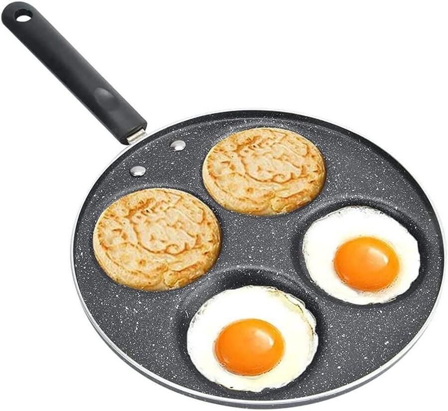Koekenpan 4 Gaten Gebakken Ei Pan Ontbijt Maken Antiaanbak Laag 24 cm Diameter Zwart