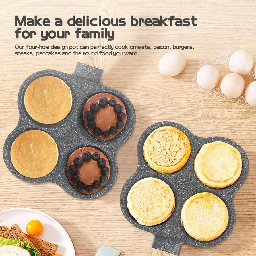 Koekenpan 4 Gaten Omeletpan Koekenpan Ontbijt Maken Antiaanbaklaag 36.5x19.5x2.5cm Zwart