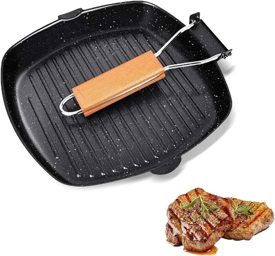 Koekenpan antiaanbakpan 28 cm vierkante grillpan voor binnen koken opvouwbare handgreep grillpan voor het koken van steakvis zwart
