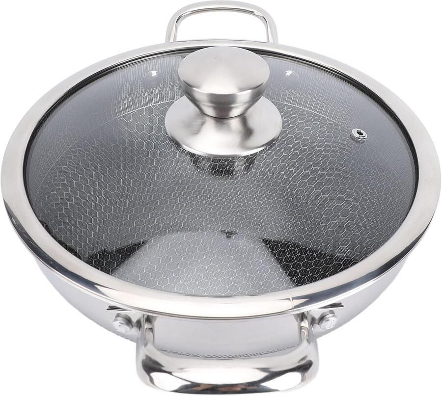 Koekenpan Dubbele Handgreep Koekenpan Met Deksel Gezond Koken Honingraat Bodem 26 cm Zilverkleurig