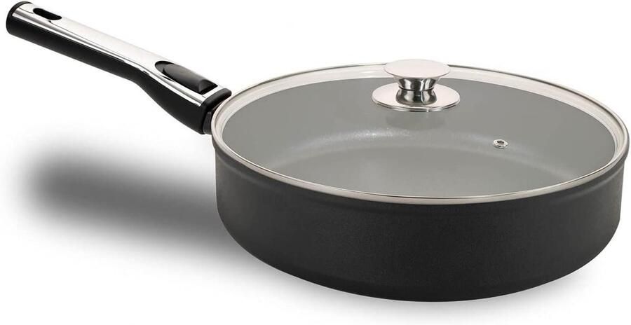 Koekenpan Hoge Rand Braadpan Glazen Deksel Veelzijdig Koken Afneembare Handgreep 28 cm Diameter Zwart