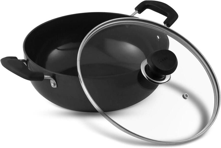 Koekenpan Kadai Koekenpan met deksel Koken en bakken Hard geanodiseerd aluminium 34 cm Zwart