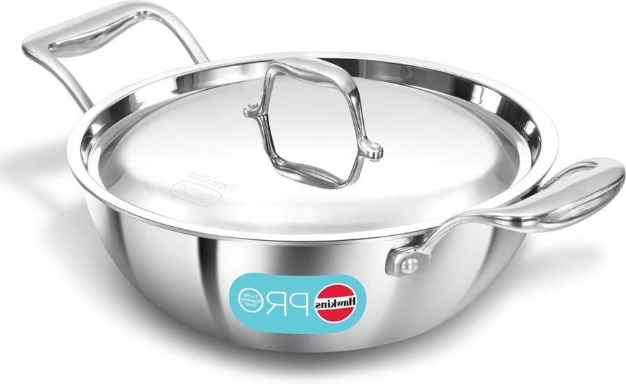 Koekenpan Kadhai pan Frituren en koken Triply roestvrij staal 25 liter Zilver