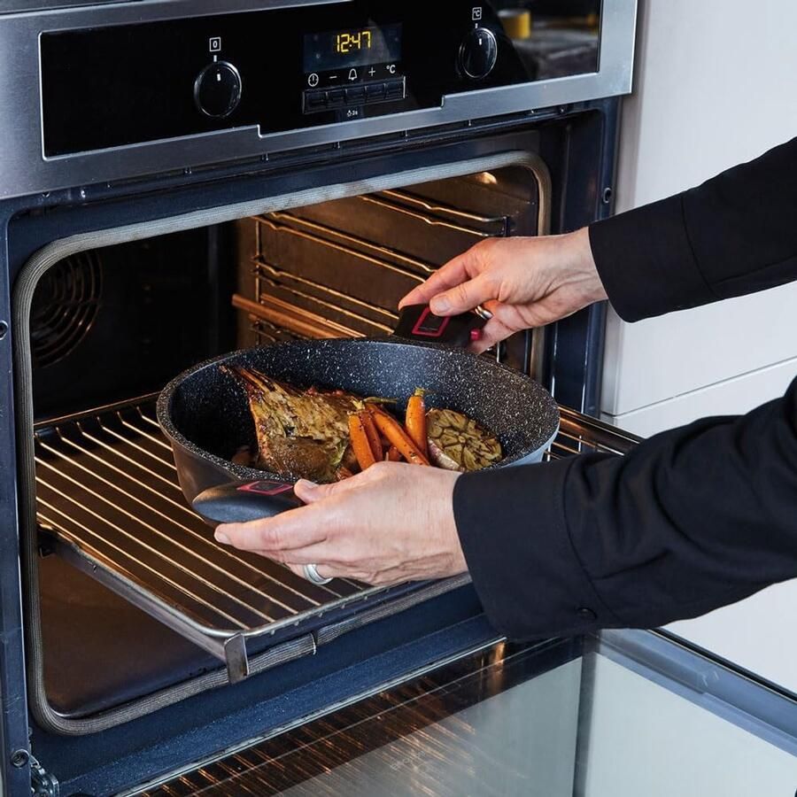 Koekenpan Keramisch Koekenpan Steenlook Gelijkmatig Bakken Afneembare Handgrepen 24 cm Zwart