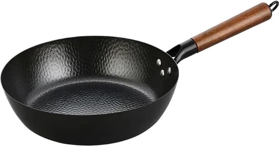 Koekenpan Koolstofstaal Wok Pan Veelzijdig Koken Antiaanbaklaag 28 cm Zwart