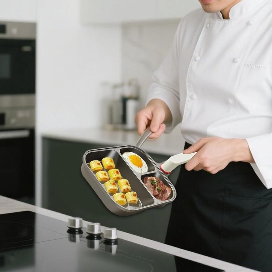 Koekenpan met 3 compartimenten Omeletpan Frituurpan Ontbijt Bereiden Antiaanbaklaag 24.5 x 20.5 cm Zwart