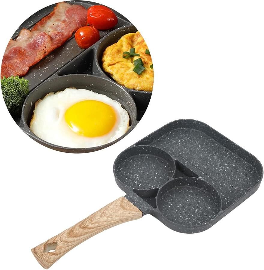 Koekenpan met 3 vakken Omeletpan Burgerpan Ontbijt Maken Antiaanbaklaag 19 cm Zwart