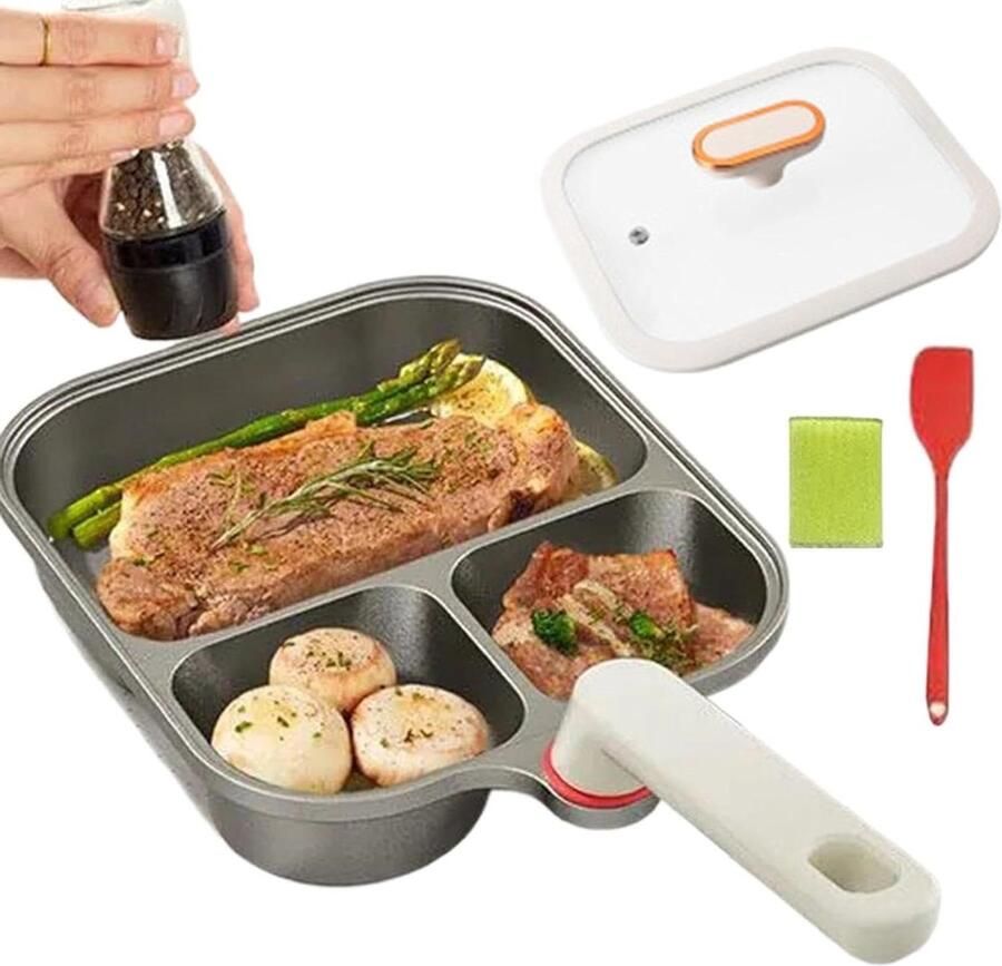 Koekenpan met 3 Vakken Omeletpan Ontbijtpan Ontbijt Maken Anti-aanbak Titanium Coating 23.5 cm Zwart
