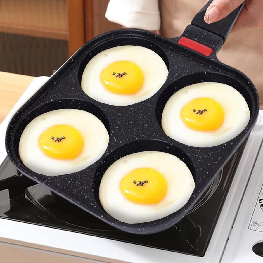 Koekenpan met 4 compartimenten Omeletpan Pannenkoekenpan Ontbijt Maken Non-stick coating 19 cm breed Zwart