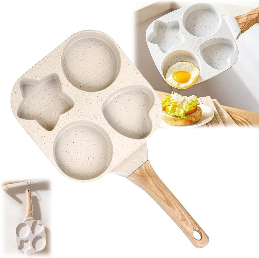 Koekenpan met 4 gaten Eierpan ster hart Ontbijt maken 4-in-1 design 19.4 cm Wit