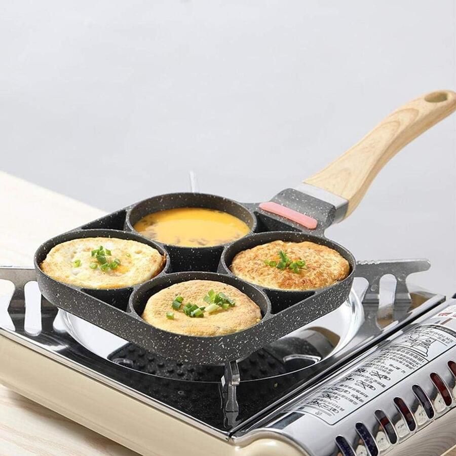 Koekenpan met 4 Gaten Omelet Pan Ontbijt Maken Antiaanbaklaag 4 Kuipjes Zwart