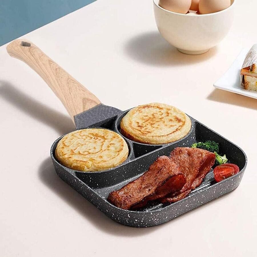 Koekenpan met 4 Gaten Omeletpan Burgerpan Ontbijt Maken Antiaanbaklaag 4 Compartimenten Grijs