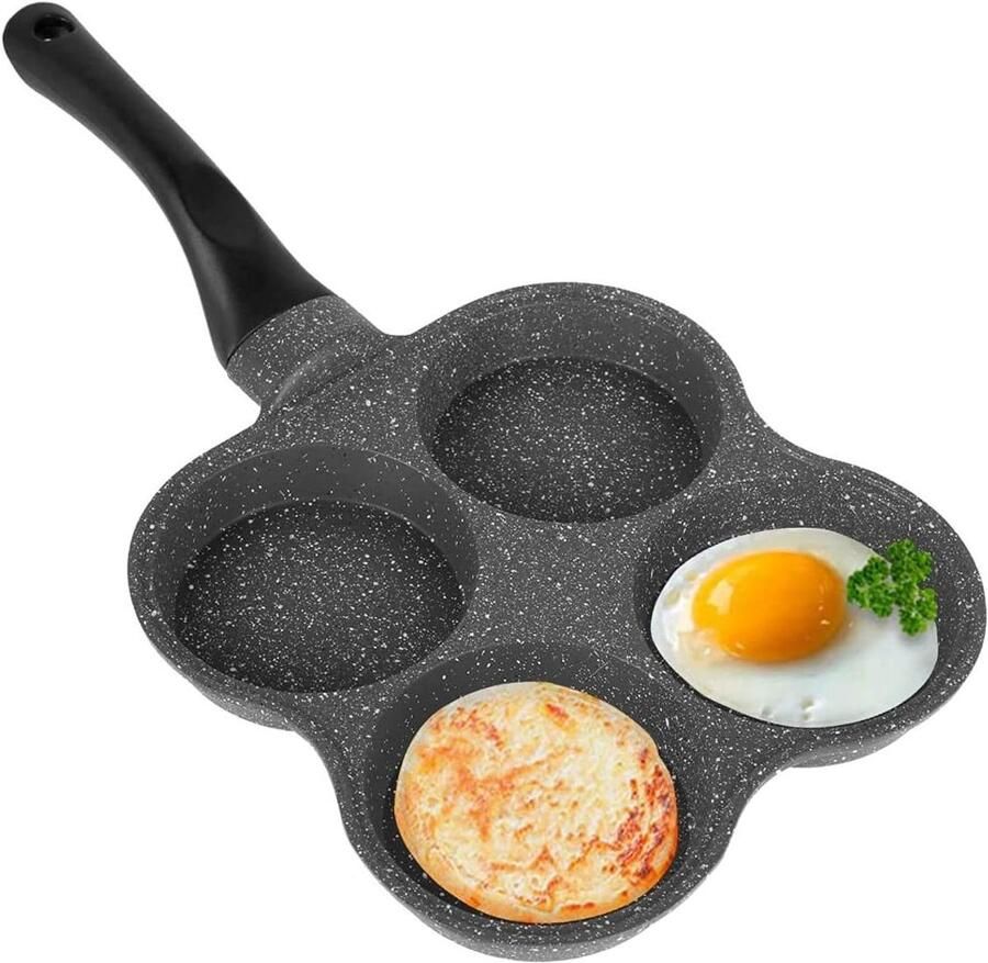 Koekenpan met 4 Gaten Omeletpan Ontbijt Bakken Antiaanbaklaag 36.5 cm Lengte Zwart