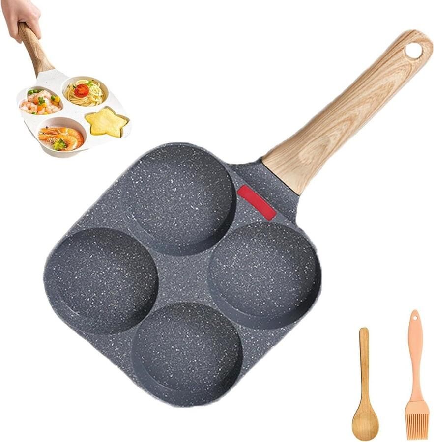 Koekenpan met 4 Gaten Omeletpan Pannenkoekenpan Ontbijt Maken Anti-aanbaklaag 19 cm Zwart