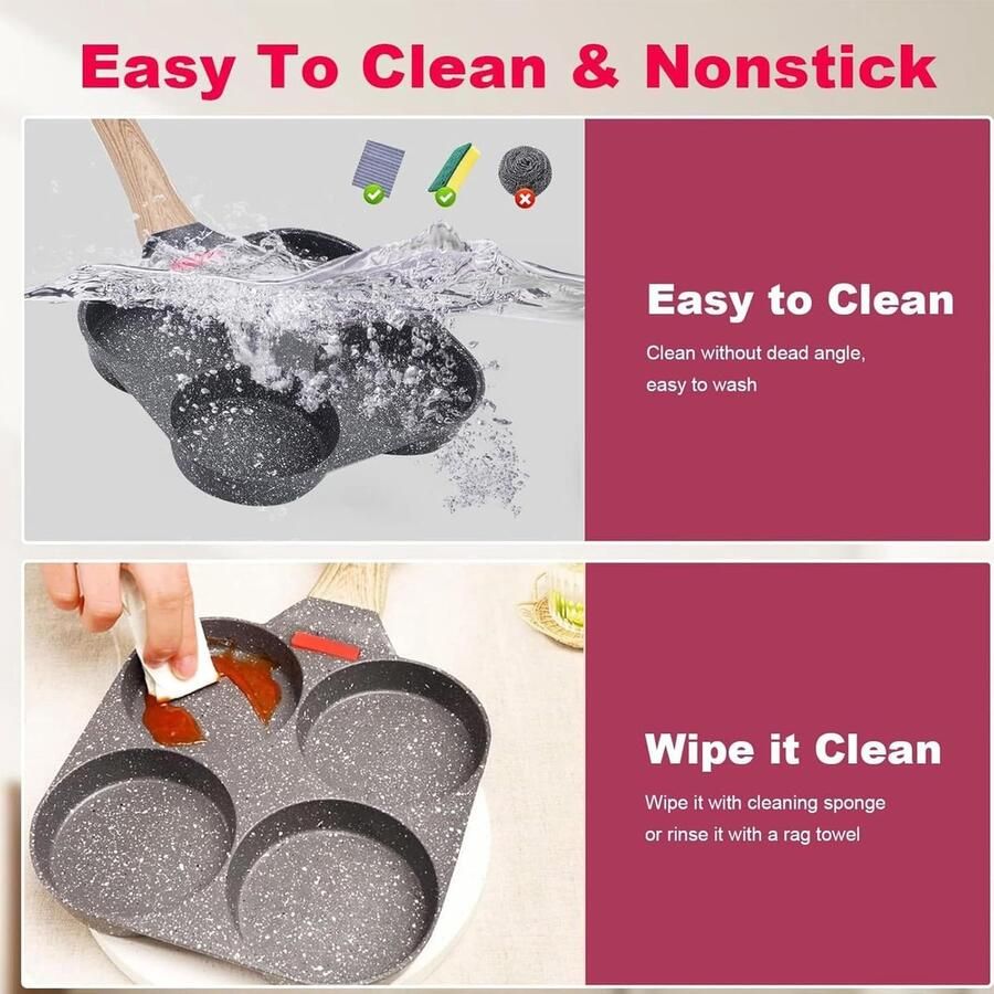 Koekenpan met 4 Gaten Omeletpan Pannenkoekenpan Ontbijt Maken Temperatuur Indicator 38 cm Lengte Zwart