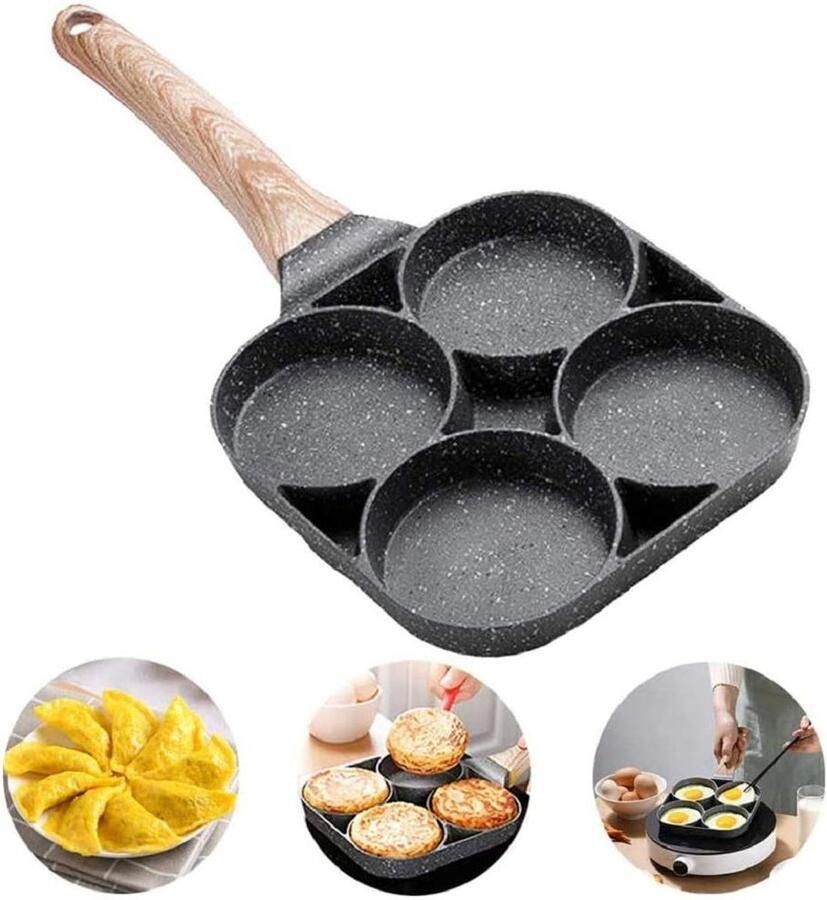 Koekenpan met 4 Gaten Omeletpan Burgerpan Ontbijt Maken Antiaanbak Maifansteen 7.5 Inch Diameter Zwart