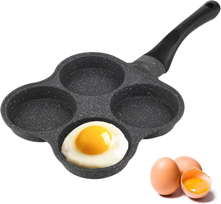 Koekenpan met 4 gaten Pannenkoekenpan Omeletpan Ontbijt Maken Antiaanbaklaag 36.5x19.5x2.5 cm Wit en Grijs