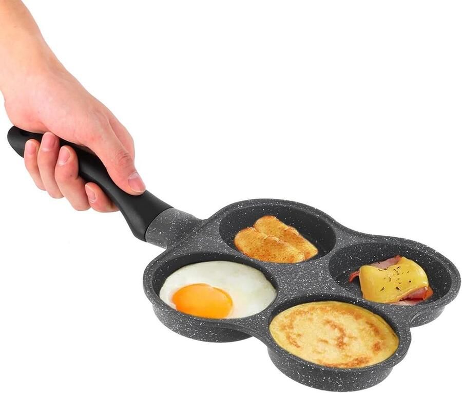 Koekenpan met 4 holtes Eierpan Burgerpan Ontbijt Maken Antiaanbaklaag 36.5 cm Zwart