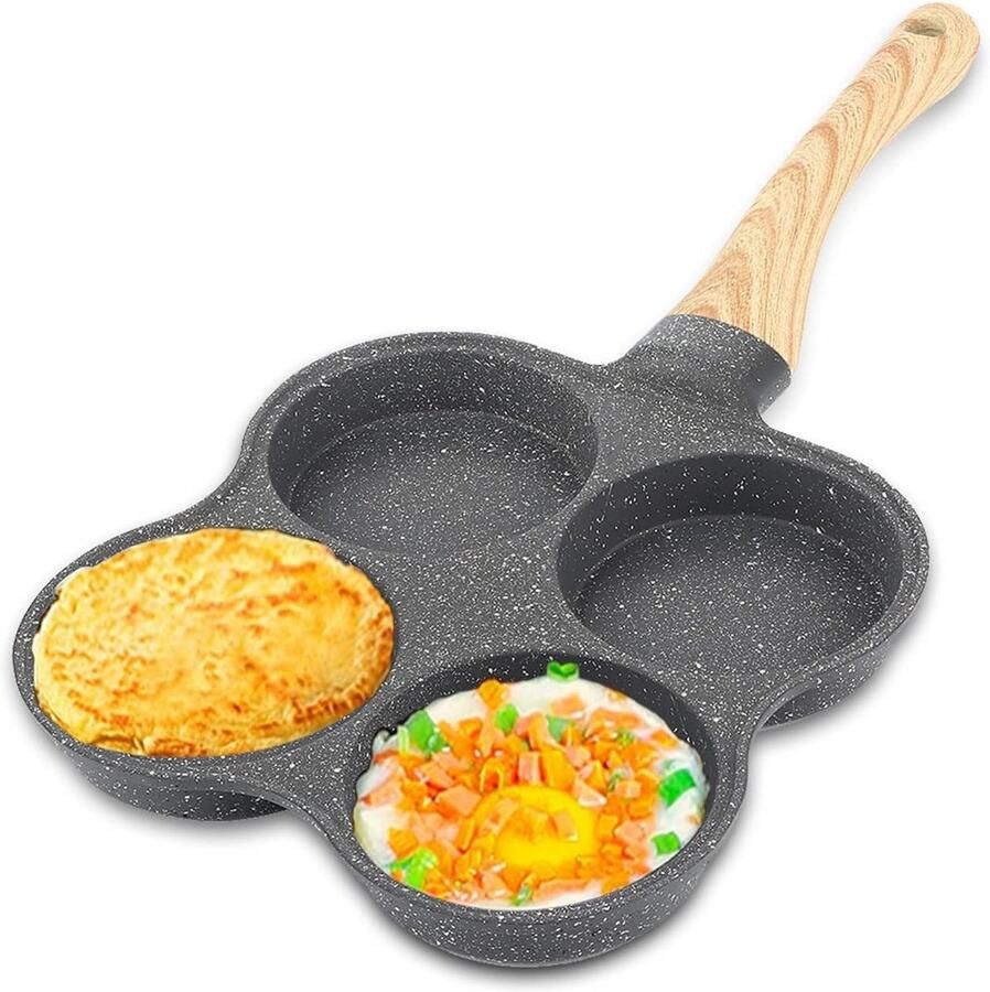 Koekenpan met 4 holtes Omeletpan Burgerpan Ontbijt Maken Antiaanbaklaag 36.5 cm Zwart