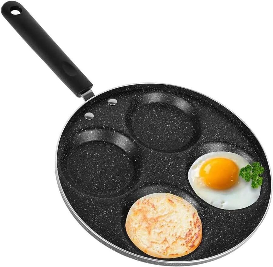Koekenpan met 4 Holtes Pannenkoekenpan Ei Pan Ontbijt Bakken Antiaanbak Coating 41 cm Zwart