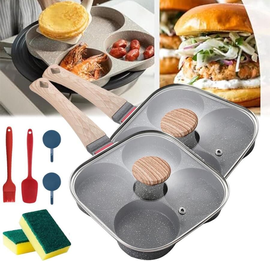 Koekenpan met 4 holtes Pannenkoekenpan omelet Ontbijt maken Antiaanbaklaag 22.5 cm Zwart