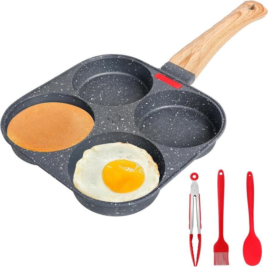 Koekenpan met 4 Vormen Omeletpan Bakplaat Ontbijt Maken Antiaanbaklaag PFOA Vrij 15 x 19 cm Zwart