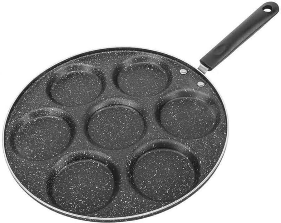 Koekenpan met 7 holtes Pannenkoekenpan Burgerpan Ontbijt Bereiden Gelijkmatige Warmteverdeling 47.5 cm Lengte Zwart