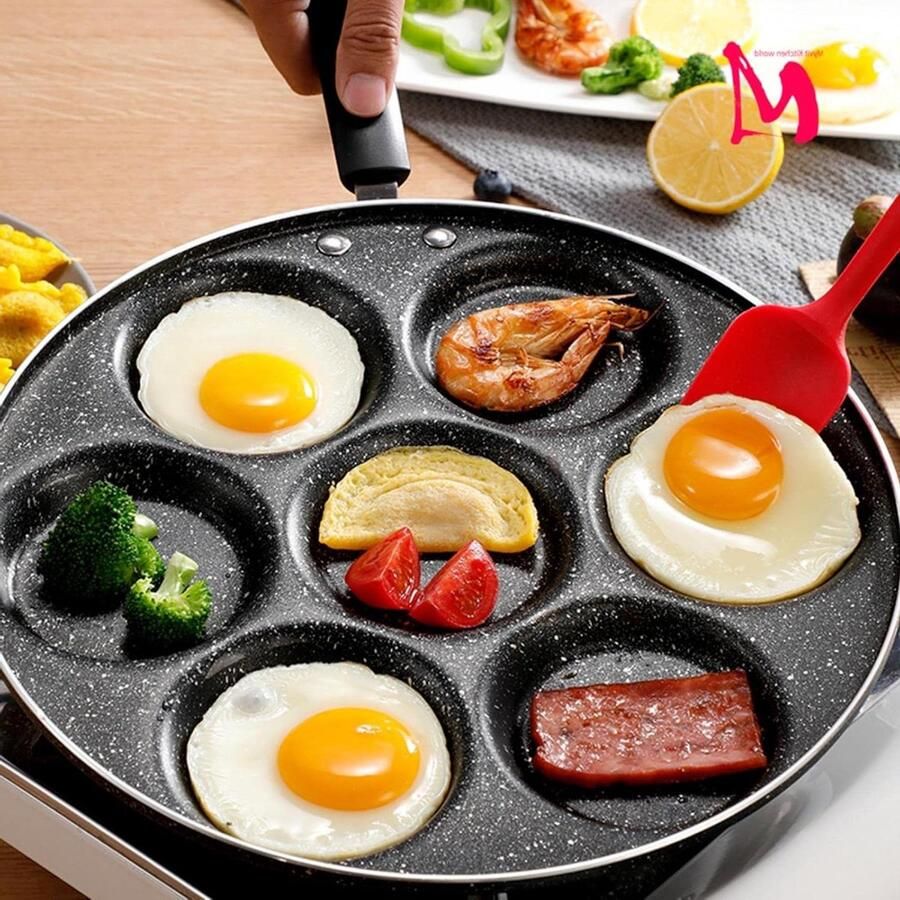 Koekenpan met 7 Gaten Pannenkoekenpan Ei Pan Ontbijt Maken Anti-aanbaklaag 24 cm Diameter Zwart