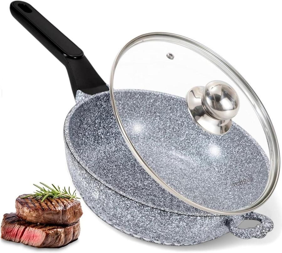 Koekenpan met Antiaanbaklaag Koekenpan Inductie Gezond Koken Marmer Gecoat Oppervlak 24 cm Grijs