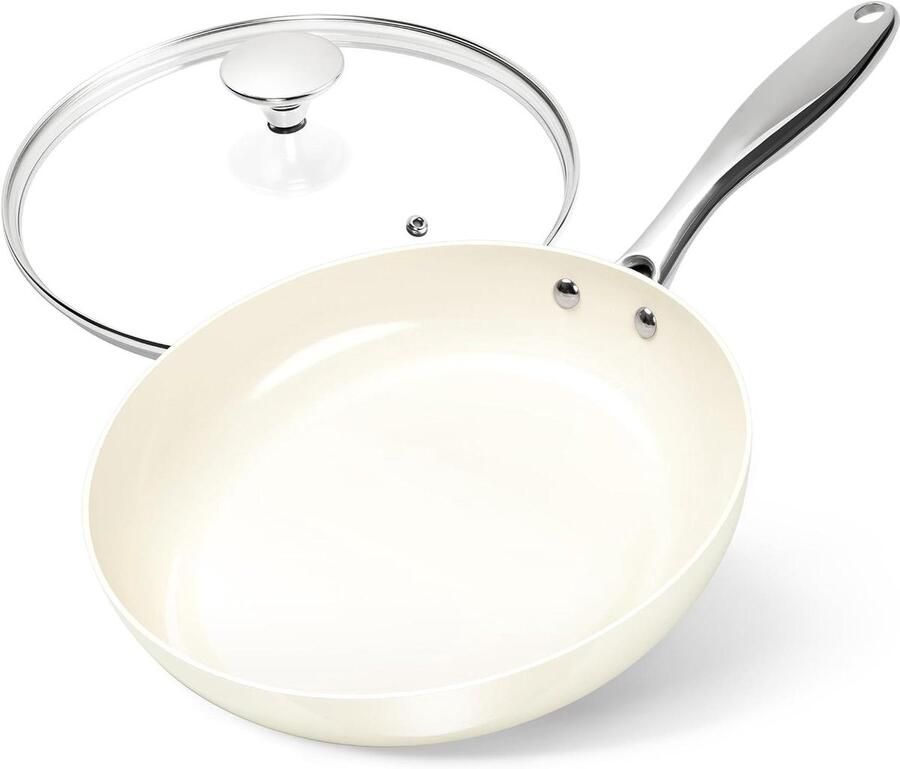 Koekenpan met deksel Antiaanbakpan Omeletpan Gezond Koken Keramische Coating 25 cm Wit