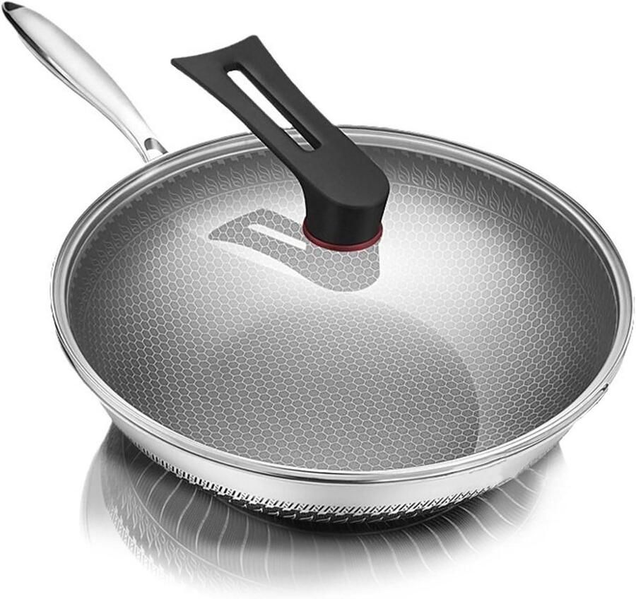 Koekenpan met Deksel Antiaanbakpan RVS Gelijkmatig Koken Honingraat Laserets 32 cm Zilver