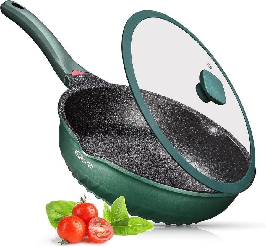 Koekenpan met deksel Diepe bakpan Grote maaltijden bereiden Krasbestendige coating 28 cm Groen