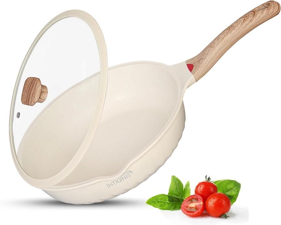 Koekenpan met deksel Diepe bakpan Veelzijdig koken Krasbestendige coating 28 cm Wit