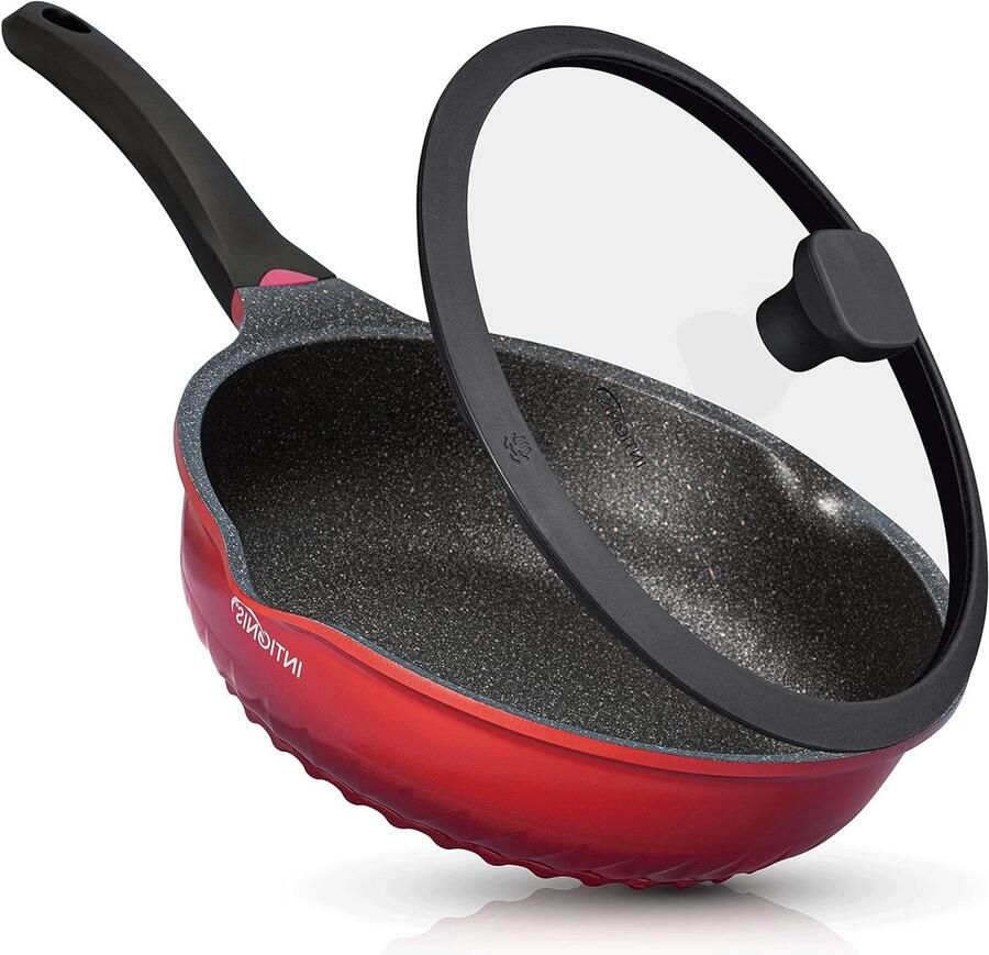 Koekenpan met deksel Diepe bakpan Veelzijdig koken Krasbestendige keramische coating 28 cm Zwart