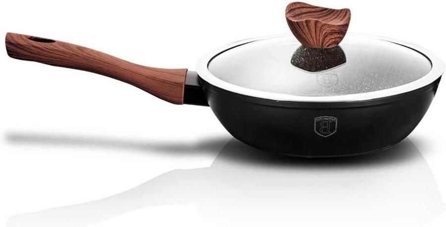 Koekenpan met Deksel Frituurpan Diep Koken en Bakken Graniet Marmer Coating 24 cm 23L Mat Zwart